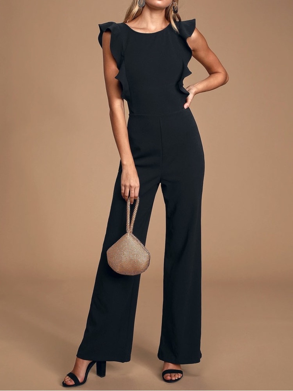 Lulus Feel Your Love Black Ruffled Wide-Leg Jumpsuit Size L NWOT